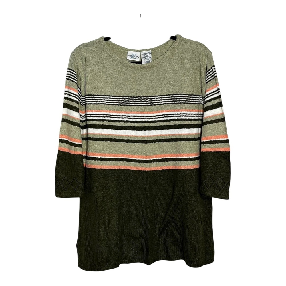 Bobbie Brooks Woman Sweater 18W/20W Green Striped 3/4‎ Sleeve Pointelle BBW403M